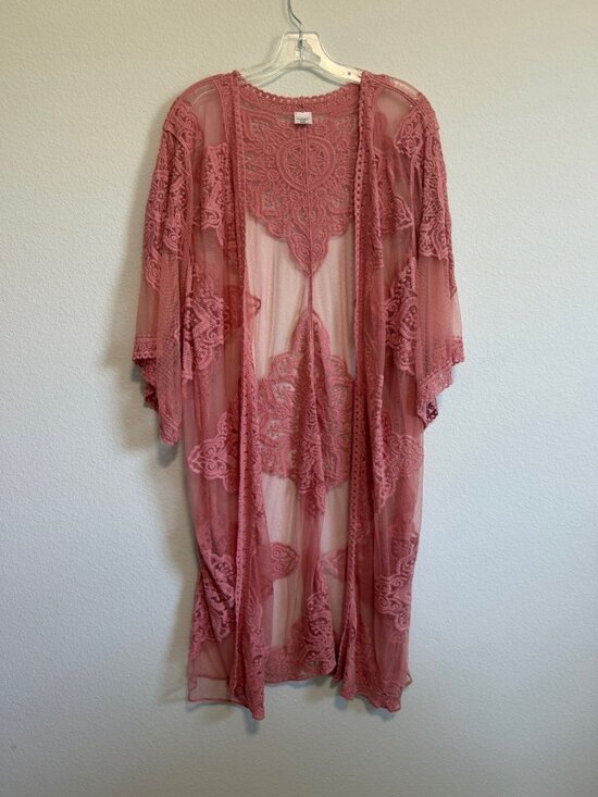 Unbranded Tops - Peach Pink Cotton Blend 3/4 Sleeve Sheer Lace Open Front Duster Cover Up Size L?